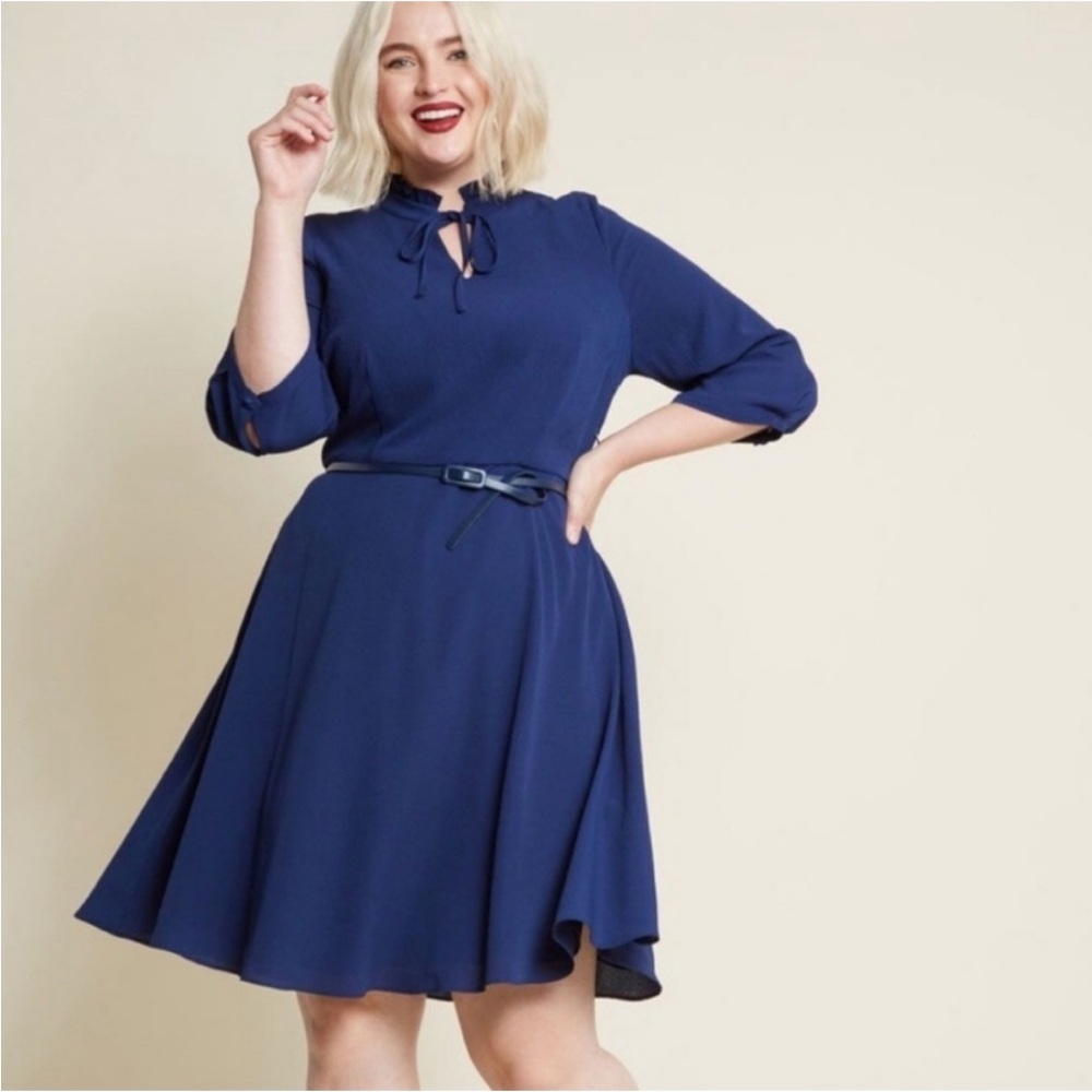 Modcloth Retro Pin-up Ruffle Neck Navy A-line 3/4 Sleeve Dress Size Small NEW